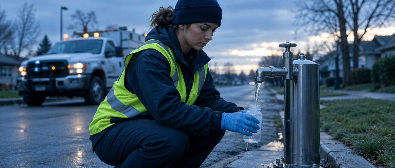 A field technician in safety vest collecting a drinking water sample from an outdoor sampling point into a sample bottle
