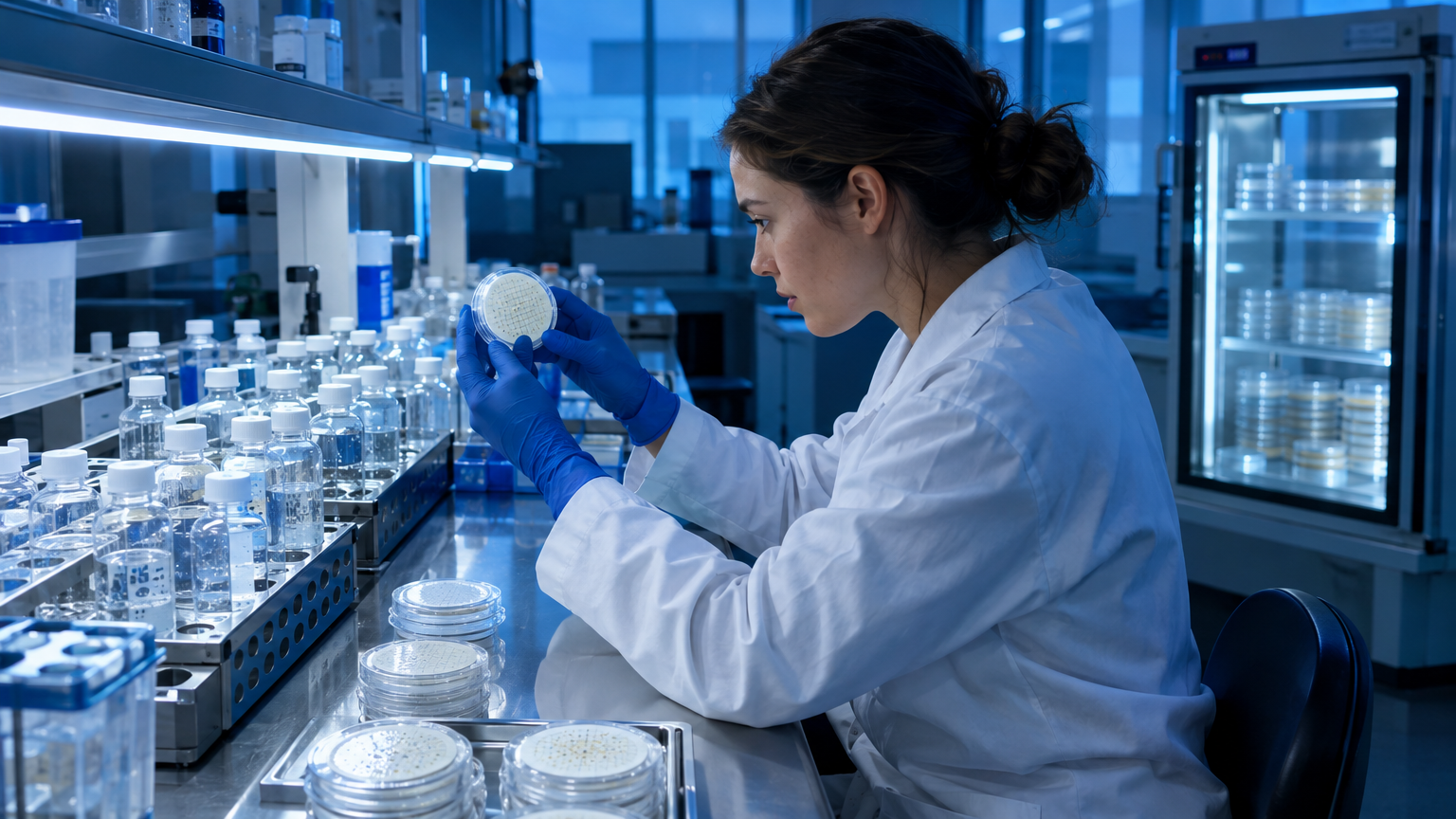 Laboratory analyst examining microbiological water test results at a bench